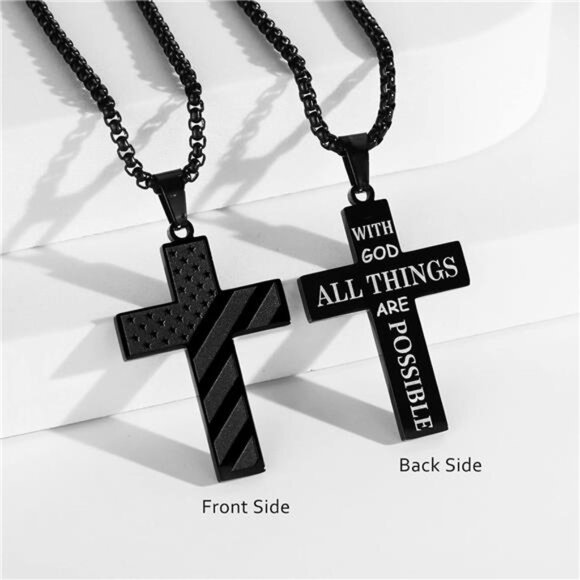 BLACK American Flag GOD Cross Necklace Men Stainless Steel Box Chain 22+2 inch - Picture 2 of 7